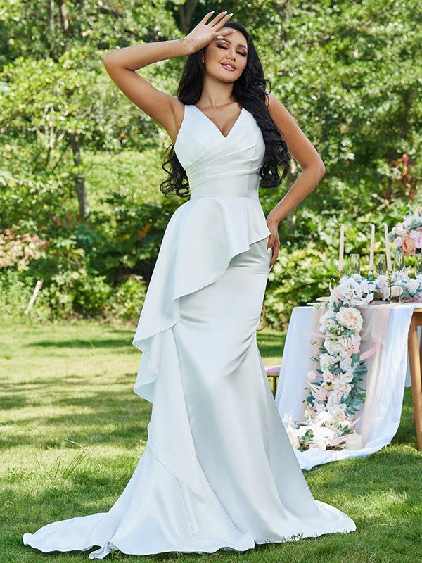 Wholesale Sheath/Column Satin Ruffles V-neck Sleeveless Sweep/Brush Train Wedding Dresses